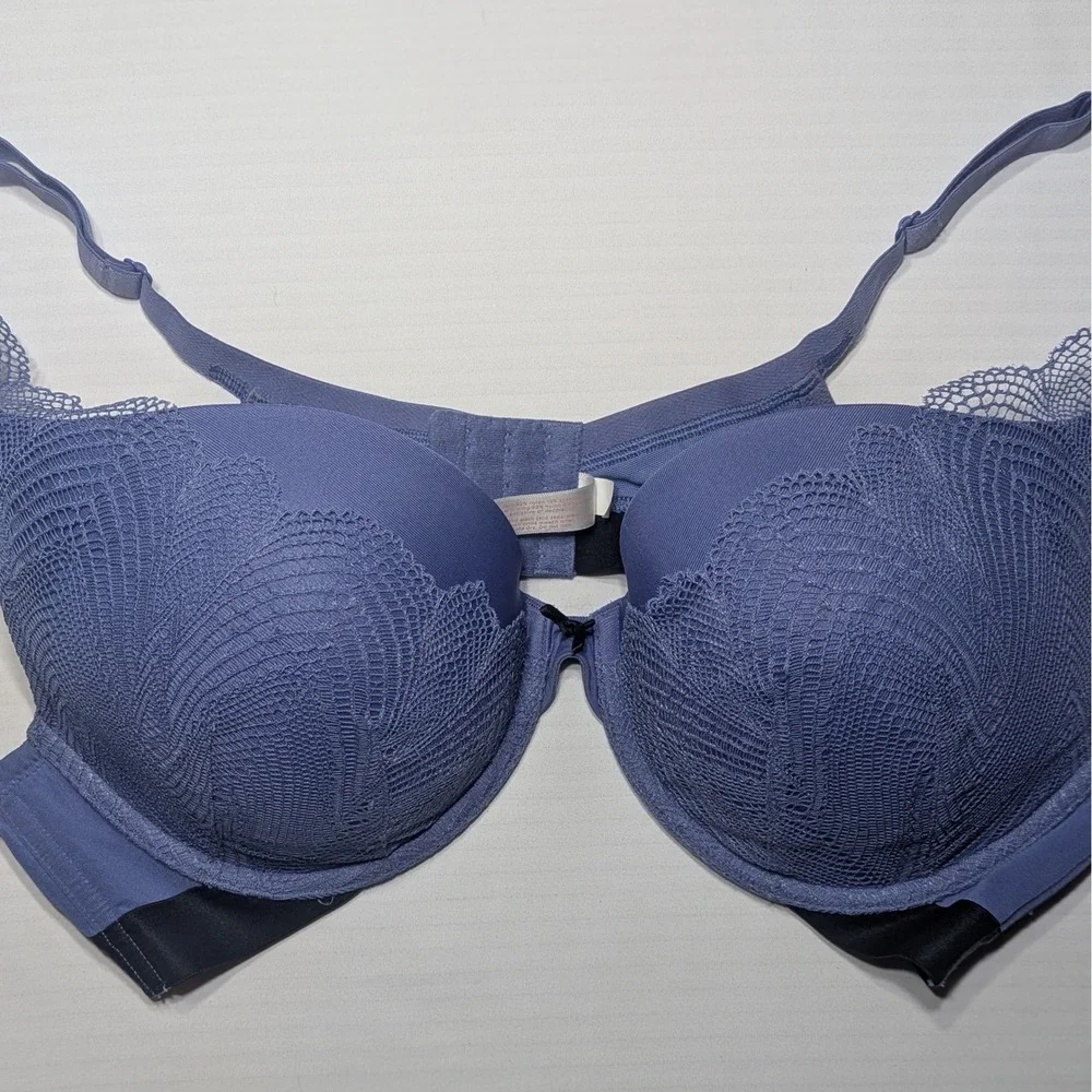 Cacique Women Plunge Underwire‎ Sports Bra Lace Nylon Blue Size 44B Boost Padded